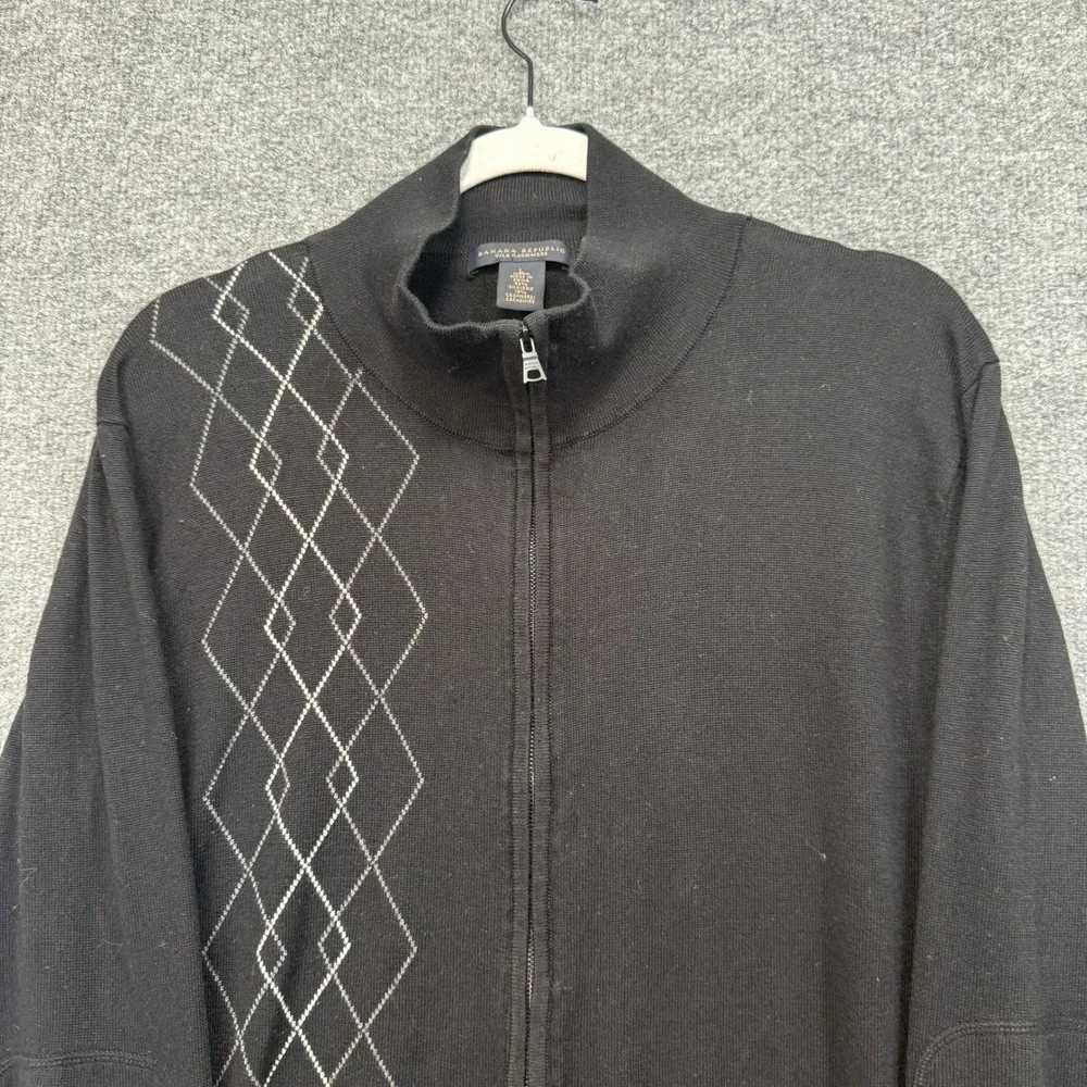 Banana Republic Sweater Men Large Black‎ Argyle Silk Cashmere Elbow Patches Zip
